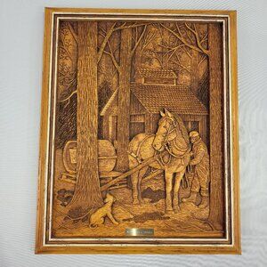 Kim Murray Vintage Maple Syrup Season Picture 15"x19" Horse Wagon Wood Carving